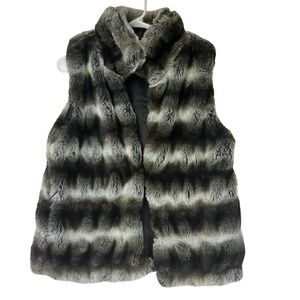 Jennifer Lopez Faux Fur Vest Women's S Striped Charcoal Gray White Y2K Glam